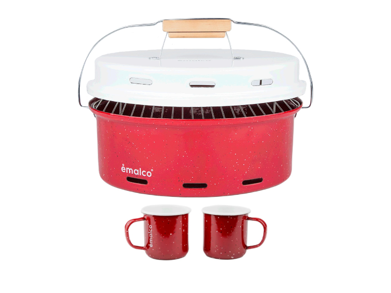 Tourist kit: enameled grill with 2 cups - Red(04 - czerwony)