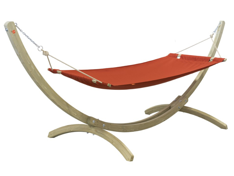 Set: a single hammock with a spreader bar and a wooden frame - terracotta(02)