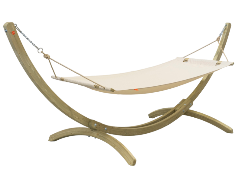 Set: a single hammock with a spreader bar and a wooden frame - beige(02)