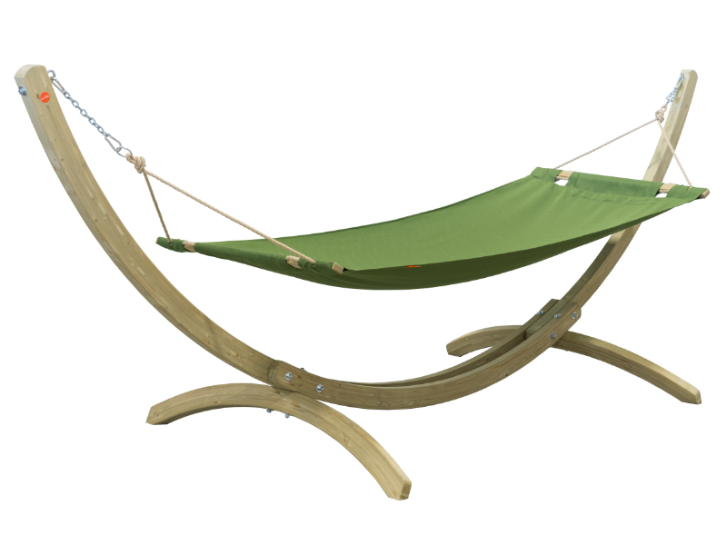 Set: a single hammock with a spreader bar and a wooden frame - green(04)